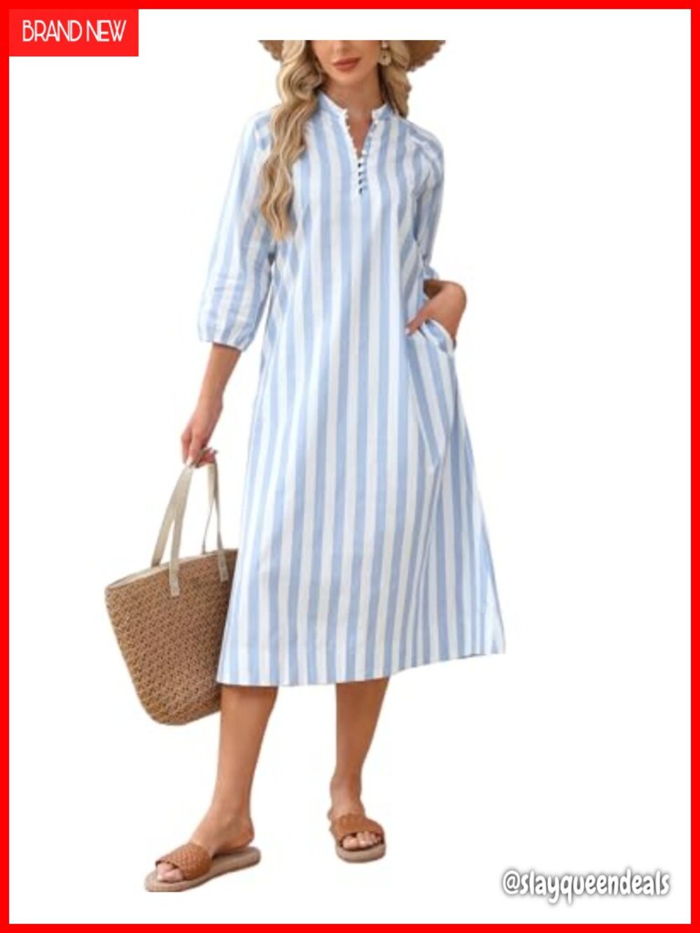 Women's 100% Cotton Striped Midi Shift Dress with Pockets - Picture 1 of 4